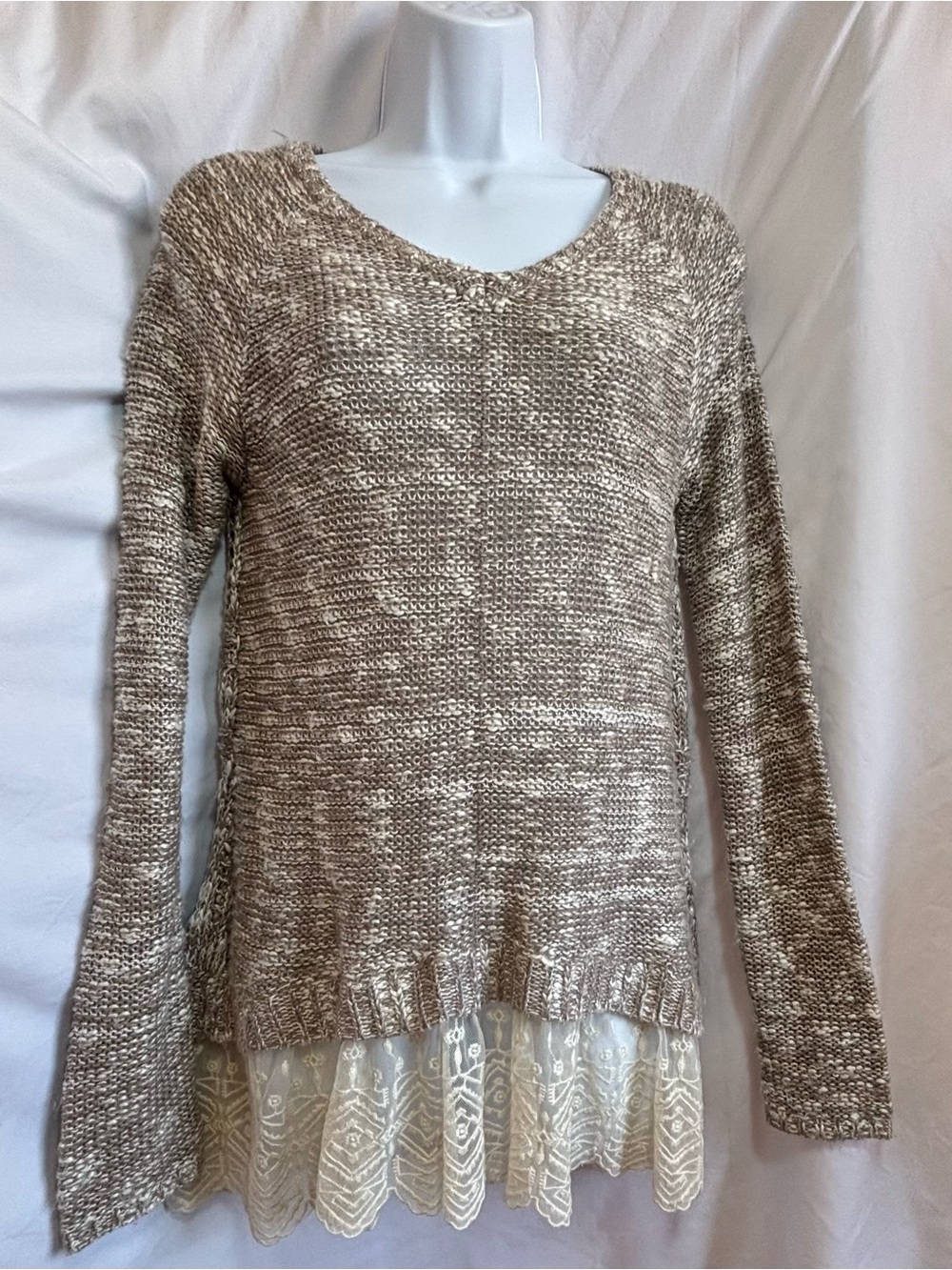 Vanity Beige Marled V-Neck Sweater with Lace Trim